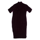 Womens Pencil Dress Purple Velvet 90s Short Sleeve Midi M