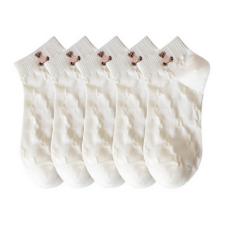 Anyfootwear 5 Pairs One Size 35-40 Women's White Cartoon Bear Print Socks Cute Animal Design Summer Casual Cotton Socks