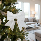 ANYDECO Christmas Bow White Glitter Hanging Decorative Ornaments