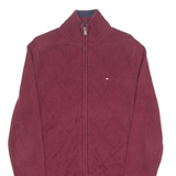 TOMMY HILFIGER Mens Jumper Maroon Argyle High Neck Tight Knit M