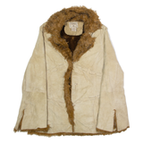 BKE VINTAGE Faux Fur Lined Womens Overcoat Jacket Beige Leather 90s M