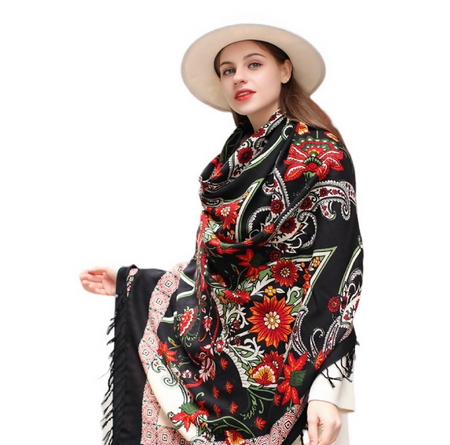 Anyyou 100% Merino Wool Black Silk Satin Floral Silk Satin Large Winter Scarf Pashmina Shawl Bandana Perfect For Women Ladies Fashion Style