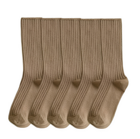 Anyfootwear 5 Pairs One Size 36-43 Khaki Retro Long Knitted Socks Cotton Autumn Winter Solid Color Women Student Girls