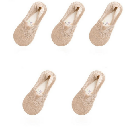Anyfootwear 5 Pairs Women's Lace Flower Invisible Ankle Socks Size 5-9 Khaki Breathable Anti-Slip Non-Skid Low Cut Fashion Socks