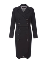 Ecommerce shoot of of ABACUS multiway suiting coat-dress in black, available from British sustainable fashion brand DEPLOY