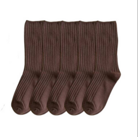 Anyfootwear 5 Pairs One Size 36-43 Brown Retro Long Knitted Socks Cotton Autumn Winter Solid Color Women Student Girls