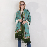 Anyyou 100% Merino Wool Cyan And Flowers Silk Satin Large Winter Scarf Pashmina Shawl Bandana Perfect For Women Ladies Fashion Style
