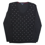 TOMMY HILFIGER Womens Patterned Jumper Black Polka Dot V-Neck Tight Knit M