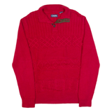 CHAPS Mens Patterned Jumper Red Button Neck Chunky Knit S