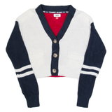 TOMMY JEANS Cropped Womens Patterned Cardigan White V-Neck Tight Knit S