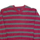 TOMMY HILFIGER Mens Patterned Jumper Maroon Striped V-Neck Tight Knit 2XL