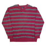 TOMMY HILFIGER Mens Patterned Jumper Maroon Striped V-Neck Tight Knit 2XL