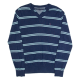 TOMMY HILFIGER Mens Patterned Jumper Blue Striped V-Neck Tight Knit M