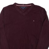 TOMMY HILFIGER Mens Jumper Maroon V-Neck Tight Knit L