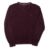 TOMMY HILFIGER Mens Jumper Maroon V-Neck Tight Knit L