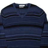 CALVIN KLEIN Mens Patterned Jumper Blue Striped V-Neck Tight Knit Wool L