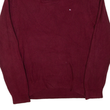 TOMMY HILFIGER Mens Heavy Knit Jumper Maroon Button Neck Chunky Knit L