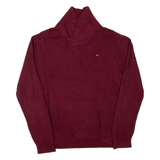 TOMMY HILFIGER Mens Heavy Knit Jumper Maroon Button Neck Chunky Knit L