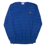LACOSTE Mens Patterned Jumper Blue Striped V-Neck Tight Knit M