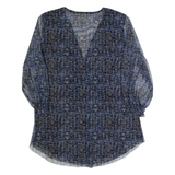 ANTHROPOLOGIE Womens Printed Top Blue V-Neck 3/4 Sleeve Crazy Pattern S