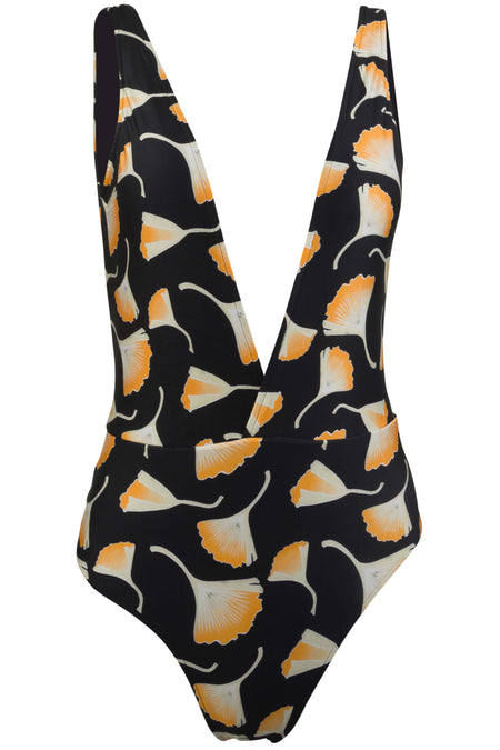 Jacky Deep Plunge One Piece Swimsuit - Ginkgo Black