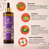 Saabuni Jasmine hair oil bottle with ingredients and benefits on a beige background