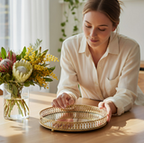 ANYHOUZ Gold Round Glass Mirror Tray with Metal Handle – Vanity Organizer for Food, Jewelry & Cosmetics
