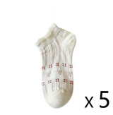 Anyfootwear 5 Pairs One Size 35-40 Women's Invisible Boat Socks Cherry Ribbon Print Cotton Ankle Socks Summer Breathable Short No Show Socks