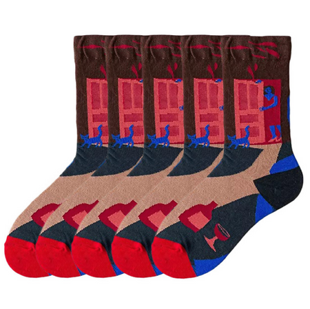 Anyfootwear 5 Pairs Size 5-9 Unisex Long Socks Cartoon Blue Human Abstract Art Nature Print Design Warm Winter Socks Comfortable Casual Foot Accessories