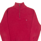TOMMY HILFIGER Mens Jumper Red 1/4 Zip Waffle Knit XS
