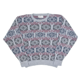 JANTZEN Mens Patterned Jumper Grey Crazy Pattern 90s Tight Knit M