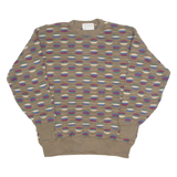 LORD JEFF Mens Patterned Jumper Brown Crazy Pattern 90s Tight Knit L