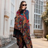 Anyyou 100% Merino Wool Black Ancient Multi-Pattern Neck Silk Satin Large Winter Scarf Pashmina Shawl Bandana Perfect For Women Ladies Fashion Style