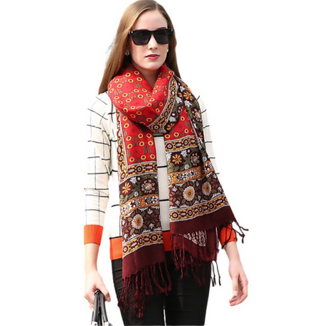 Anyyou 100% Pure Merino Wool Poncho Scarf for Women – Red Brown Paisley Pattern Oversized Winter Pashmina Shawl Wrap
