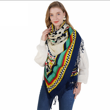 Anyyou 100% Merino Wool Blue Yellow Cab Pattern Silk Satin Large Winter Scarf Pashmina Shawl Bandana Perfect For Women Ladies Fashion Style