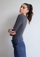 Organic Cotton Long Sleeve Crew Bodysuit, Charcoal