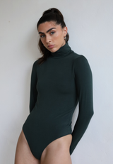 Organic Cotton Long Sleeve Roll-Neck Bodysuit, Forest Green