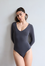 Organic Cotton Long Sleeve V-Neck Bodysuit, Charcoal