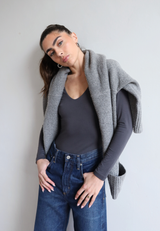 Organic Cotton Long Sleeve V-Neck Bodysuit, Charcoal