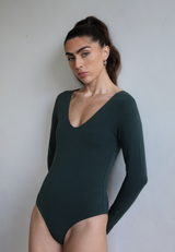 Organic Cotton Long Sleeve V-Neck Bodysuit, Forest Green