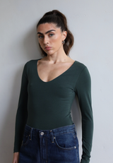 Organic Cotton Long Sleeve V-Neck Bodysuit, Forest Green