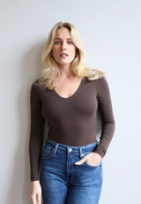 Organic Cotton V-Neck Long Sleeve T-Shirt, Hot Fudge