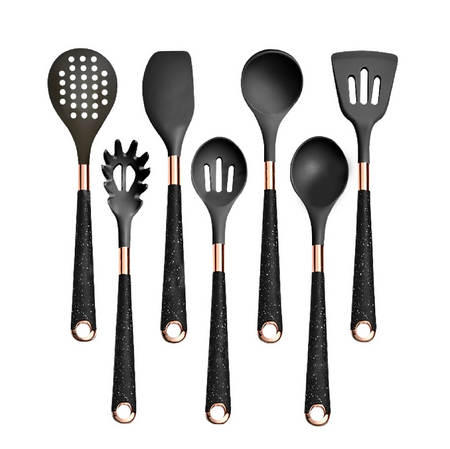 Anygleam Kitchen Utensils Non-stick Black 7 Set Gold Plated Handle with Support Point Cooking Tool Accessories Heat Resistant Kitchenware