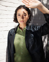 Close up of woman wearing Deadstock Leather Blazer #color_black