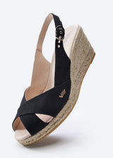 Llansa Crossed Open Toe Black Canvas Buckle Slingback Women Espadrille Wedge