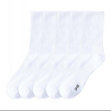 Anyfootwear 5 Pairs Unisex Long Cotton Socks Size 10-14 White High Quality Office Business Sports Skateboard Knitted Casual Solid Color Socks
