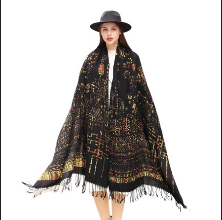 Anyyou 100% Merino Wool Brown Creative Pattern Silk Satin Large Winter Scarf Pashmina Shawl Bandana Perfect For Women Ladies Fashion Style