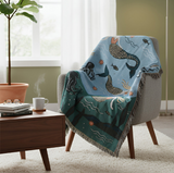 Anycozy Blue Faux Cashmere Throw Blanket – Mermaid Pattern Sofa Cover with Tassels, Soft Picnic & Camping Mat