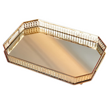 ANYHOUZ Gold Rectangle Glass Mirror Base Metal – Vanity Organizer for Food, Jewelry & Cosmetics