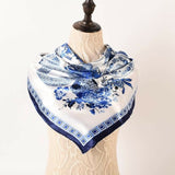 Anyyou Fashion Premium Satin Square Scarf – Blue White Vase Silk-Feel Neckwrap for Women